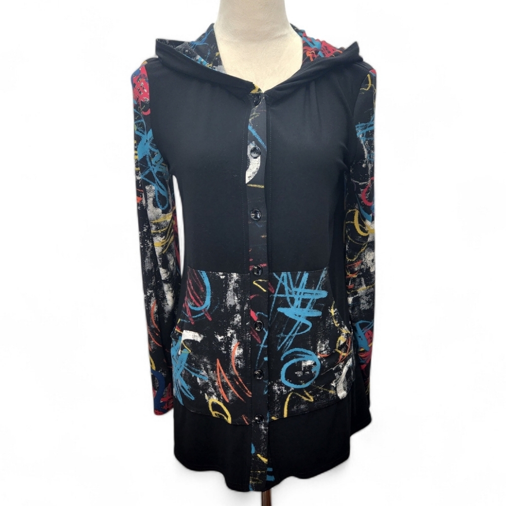 Joseph Ribkoff Graffiti Hoodie Shirt Jacket Button Up Size 6